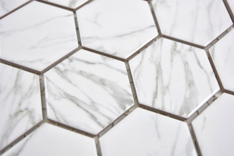 Muestra de mano cerámica mosaico hexágono carrara look blanco brillante mosaico azulejo pared azulejo backsplash cocina baño MOS11H-0001_m
