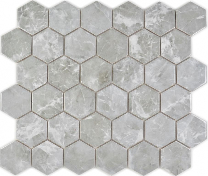Muestra de mano cerámica mosaico hexágono mármol gris brillante mosaico azulejo pared azulejo backsplash cocina baño MOS11H-0201_m