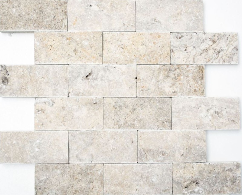 Mosaico de azulejos Travertino piedra natural blanco gris Ladrillo Splitface plata Travertino 3D MOS29-42781_f