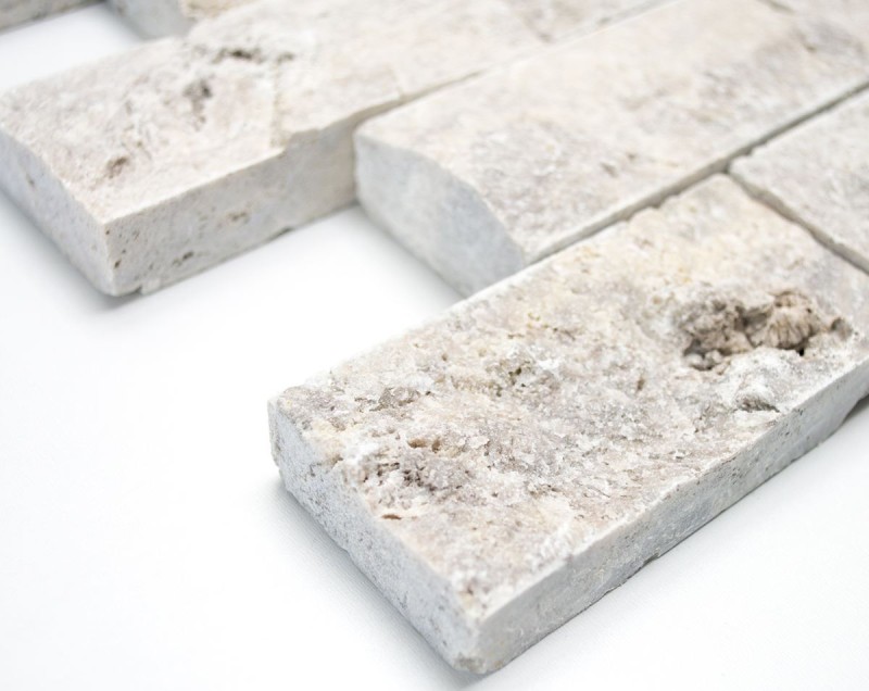 Travertino piedras de pared de piedra natural de ladrillo gris claro dividida cara de plata 3D mirada pared frente a la cocina - MOS29-42781