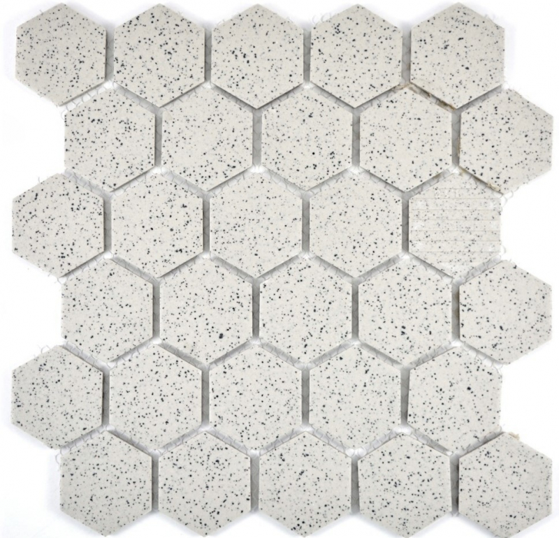 Muestra de mano mosaico azulejo cerámica crema blanco hexagaon moteado sin esmaltar MOS11G-0103-R10_m