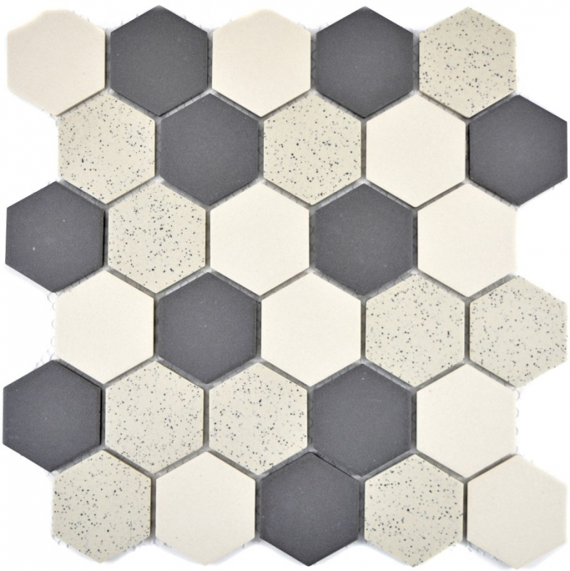 Mosaico de azulejos de cerámica beige negro Hexagaon sin esmaltar MOS11G-0113-R10_f
