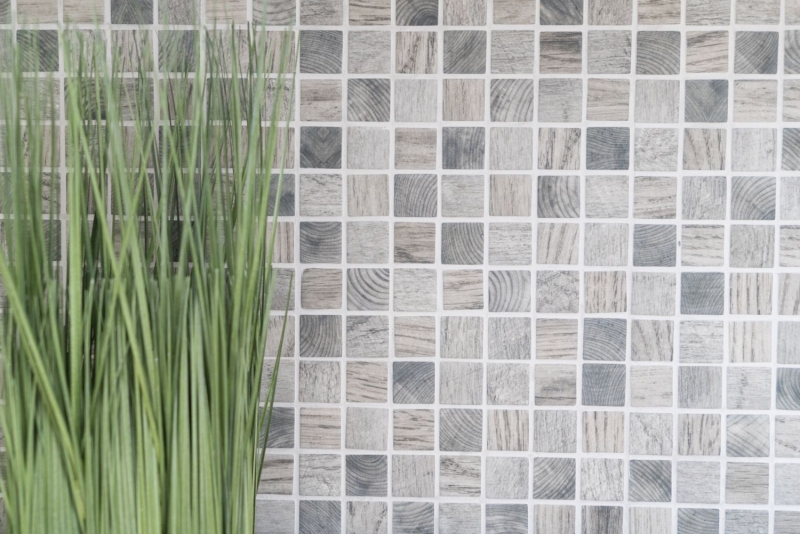 Mosaico de vidrio Revestimiento de pared sostenible Reciclaje textura de madera gris claro Azulejos backsplash MOS63-312