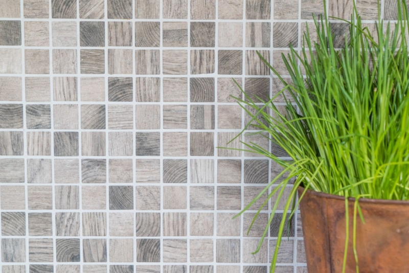Mosaico de vidrio sostenible revestimiento de pared textura de madera reciclada gris beige azulejo backsplash MOS63-324