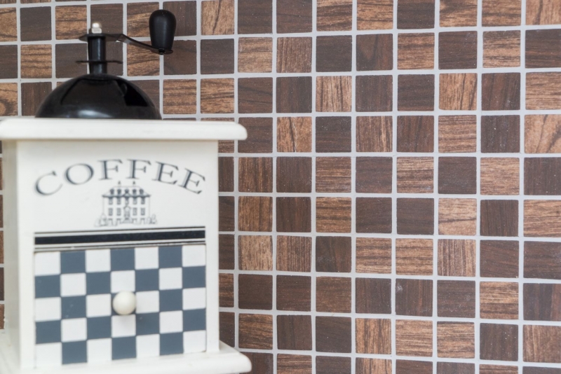 Mosaico de vidrio Revestimiento de pared sostenible Reciclaje estructura de madera marrón oscuro Azulejos backsplash MOS63-410