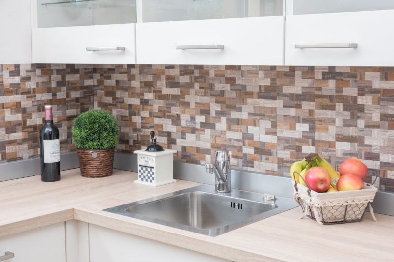azulejo de mosaico autoadhesivo ALU gris beige metal madera mirada azulejo backsplash MOS200-2322