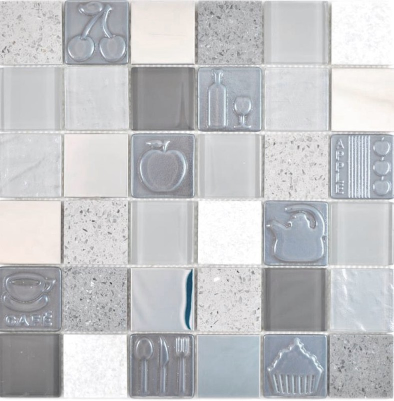 Mosaico de vidrio mosaico azulejos piedra artificial acero relieve gris grafito crema pared azulejo backsplash cocina baño MOS88-0217