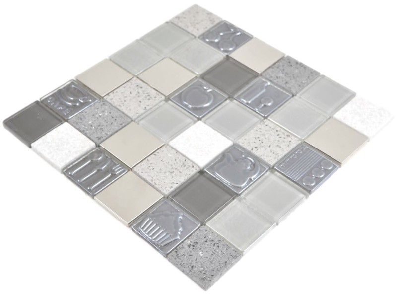 Mosaico de vidrio mosaico azulejos piedra artificial acero relieve gris grafito crema pared azulejo backsplash cocina baño MOS88-0217