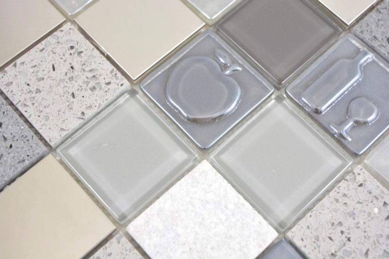 Mosaico de vidrio mosaico azulejos piedra artificial acero relieve gris grafito crema pared azulejo backsplash cocina baño MOS88-0217