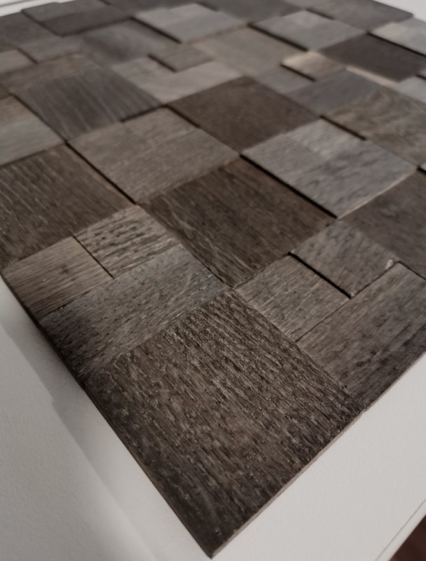 Mosaico de madera autoadhesivo panel de madera chapa marrón oscuro 3D pared de madera cocina backsplash