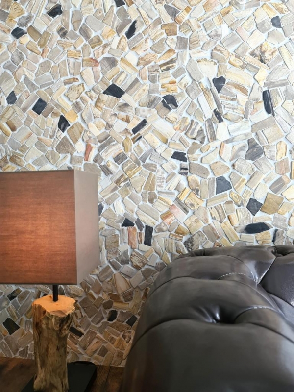 Mosaico fractura Fósil mosaico de piedra natural Mosaico poligonal estera Madera aspecto madera plato de ducha cocina pared azulejo backsplash - MOS44-Fossil