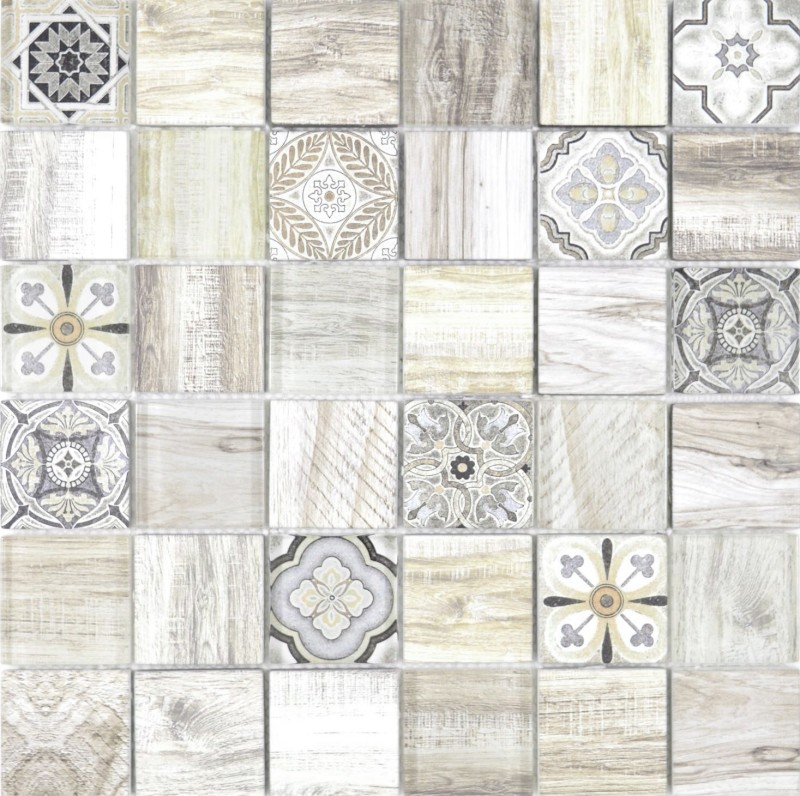 Mosaico azulejo patchwork crema marrón mosaico azulejo de pared espejo aspecto madera baño MOS160-w100