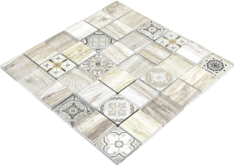 Mosaico azulejo patchwork crema marrón mosaico azulejo de pared espejo aspecto madera baño MOS160-w100