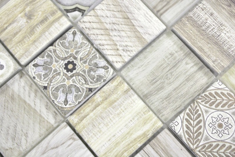 Mosaico azulejo patchwork crema marrón mosaico azulejo de pared espejo aspecto madera baño MOS160-w100