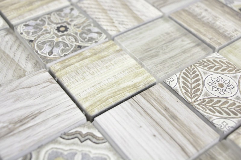 Mosaico azulejo patchwork crema marrón mosaico azulejo de pared espejo aspecto madera baño MOS160-w100