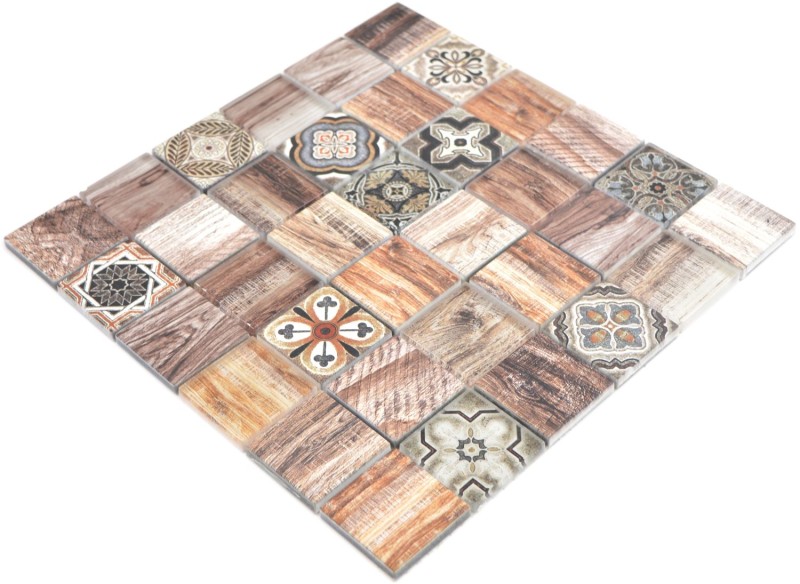 Mosaico de azulejos patchwork marrón beige marrone efecto madera salpicadero de cocina MOS160-w200