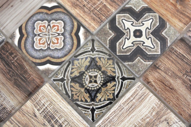 Mosaico de azulejos patchwork marrón beige marrone efecto madera salpicadero de cocina MOS160-w200