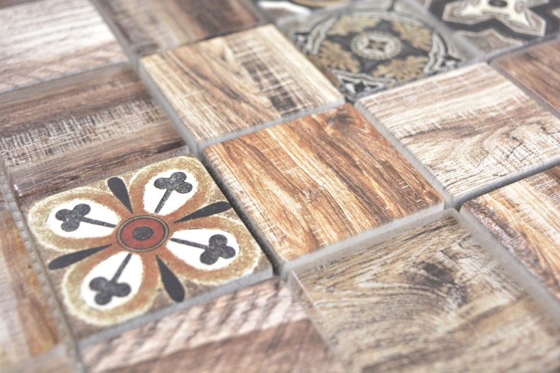 Mosaico de azulejos patchwork marrón beige marrone efecto madera salpicadero de cocina MOS160-w200