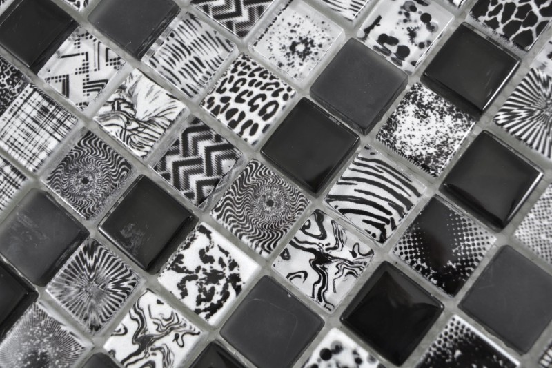 Azulejos de mosaico de mosaico de vidrio Arts and Crafts negro blanco iridiscente pared azulejo backsplash cocina ducha baño MOS74-0322