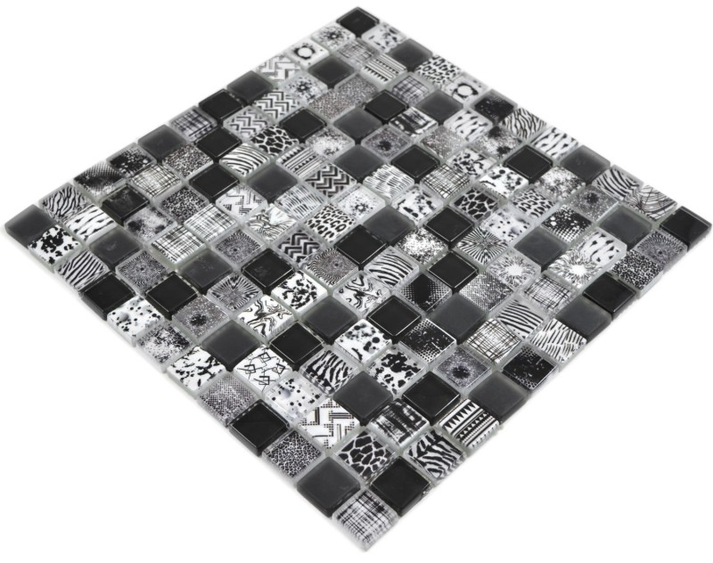 Azulejos de mosaico de mosaico de vidrio Arts and Crafts negro blanco iridiscente pared azulejo backsplash cocina ducha baño MOS74-0322