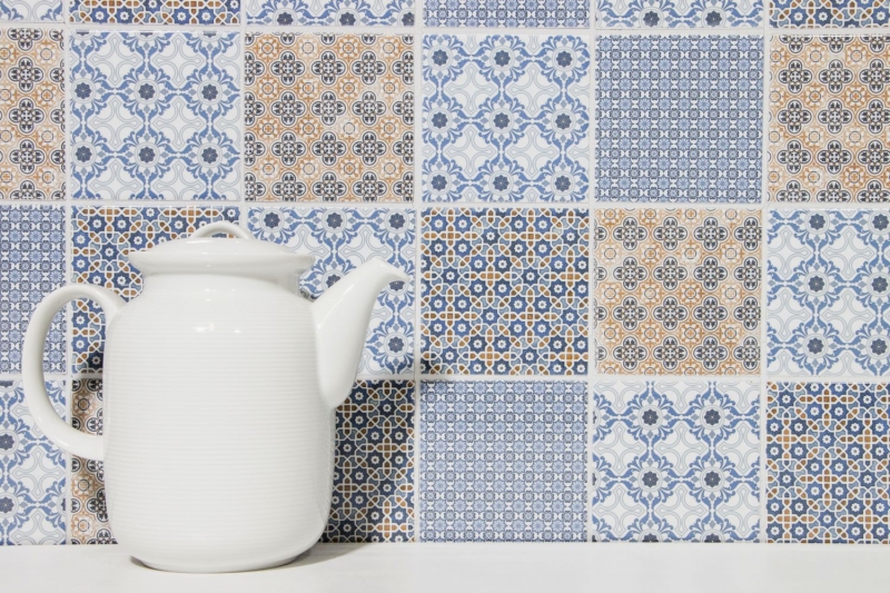 Muestra de mano retro vintage mosaico azulejo cerámica blanco azul naranja gris MOS22B-1404_m