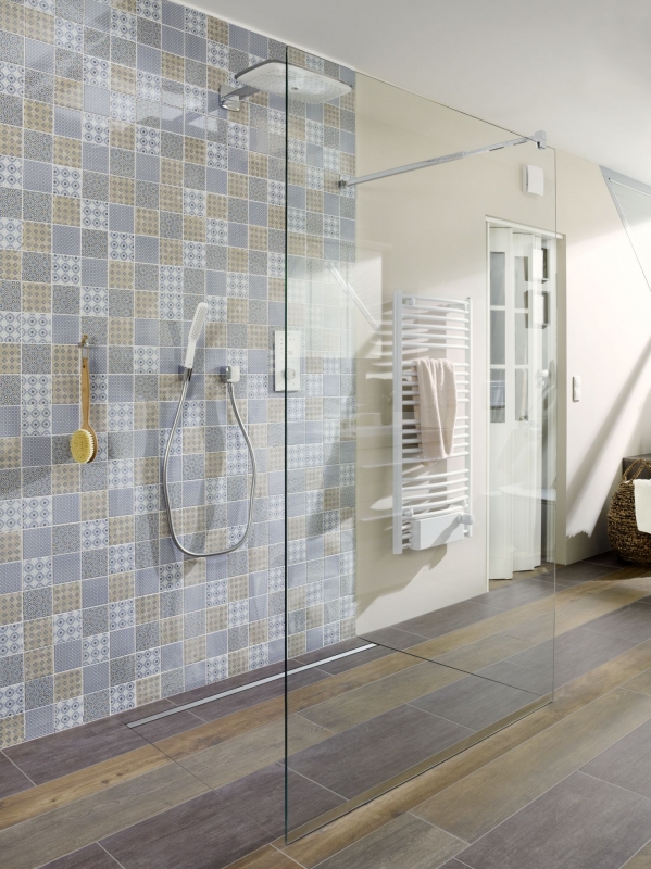 Muestra de mano retro vintage mosaico azulejo cerámica blanco azul naranja gris MOS22B-1404_m