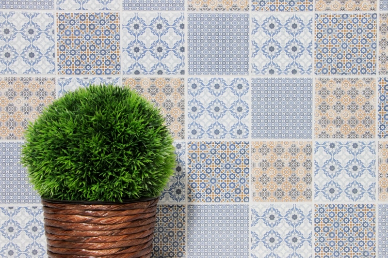 Muestra de mano retro vintage mosaico azulejo cerámica blanco azul naranja gris MOS22B-1404_m
