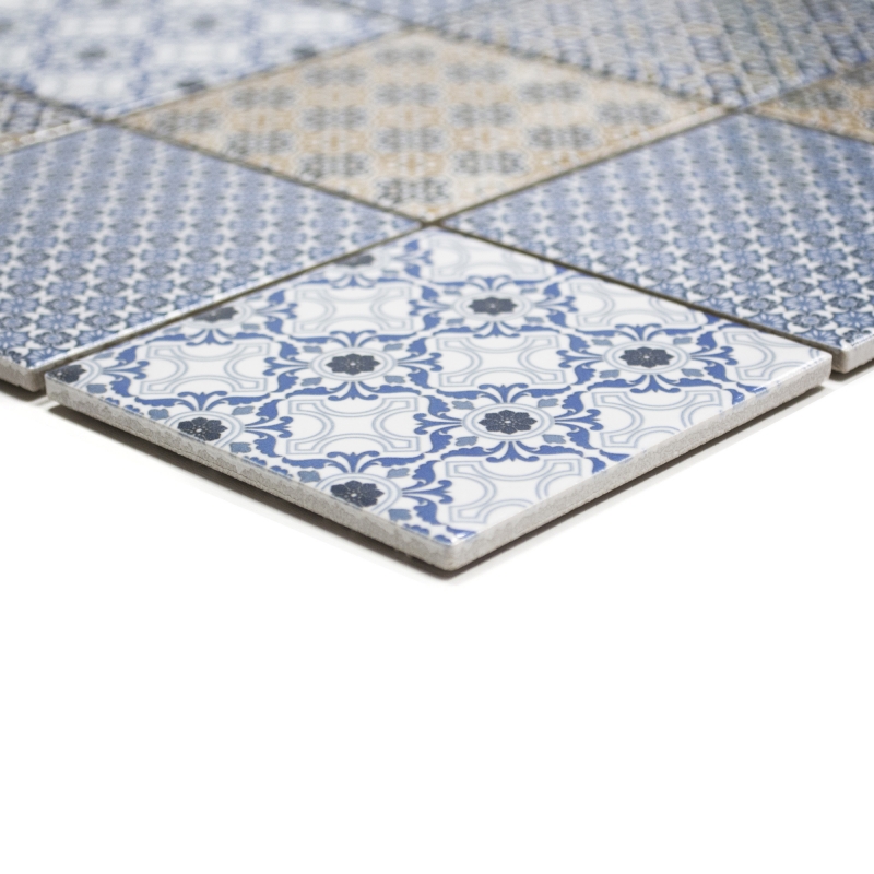 Muestra de mano retro vintage mosaico azulejo cerámica blanco azul naranja gris MOS22B-1404_m