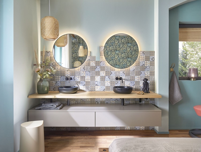 Muestra de mano retro vintage mosaico azulejo cerámica crema azul naranja gris mate MOS22B-1406_m