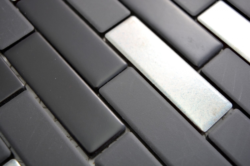 Muestra de mano mosaico compuesto cerámica negro plata cromo barras azulejo backsplash MOS26-0317_m