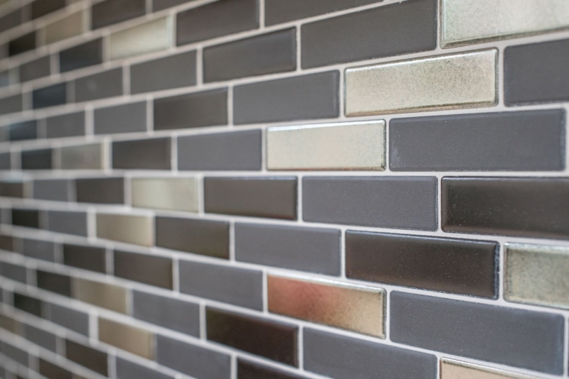 Muestra de mano mosaico compuesto cerámica negro plata cromo barras azulejo backsplash MOS26-0317_m