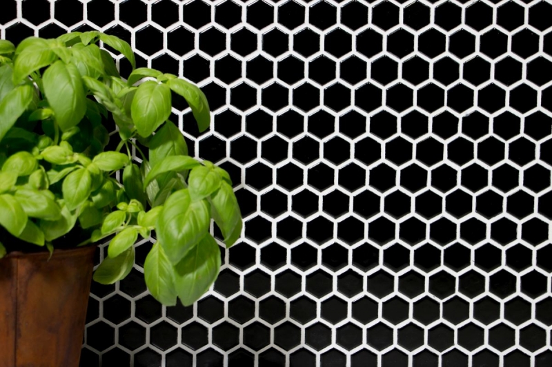 Muestra de mano mosaico azulejo cerámica hexágono negro brillante pared azulejo baño MOS11A-0302_m