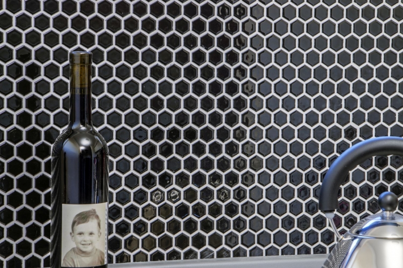 Muestra de mano mosaico azulejo cerámica hexágono negro brillante pared azulejo baño MOS11A-0302_m
