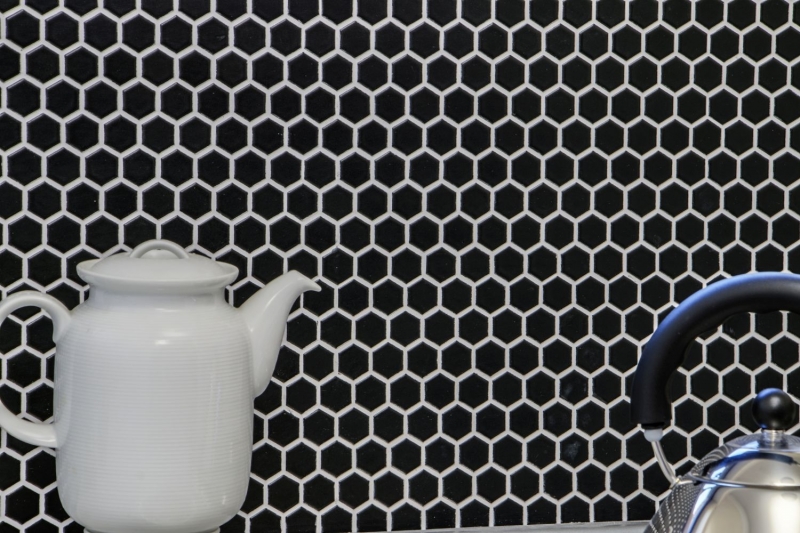 Muestra de mano mosaico azulejo cerámica hexágono negro mate ducha splashback azulejo espejo MOS11A-0311_m