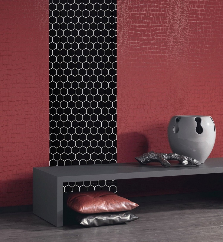 Muestra de mano mosaico azulejo cerámica hexágono negro brillante ducha splashback azulejo espejo MOS11B-0302_m