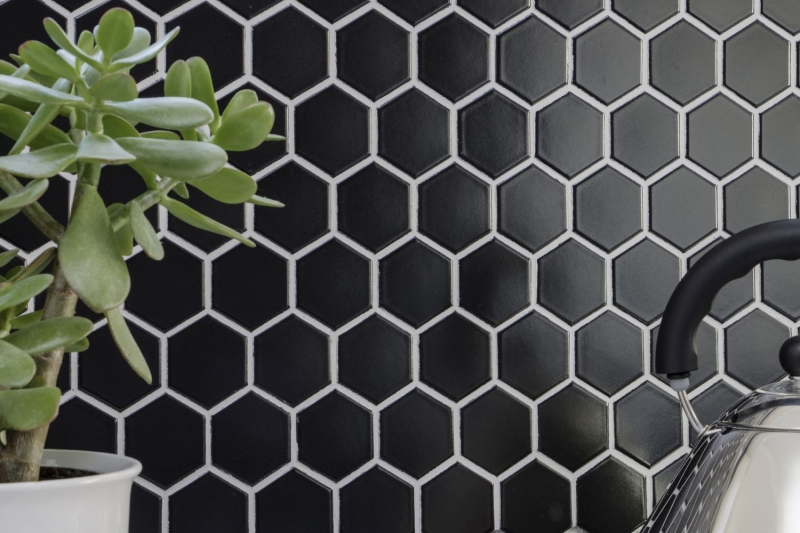 Muestra de mano mosaico azulejo cerámica hexágono negro mate ducha splashback azulejo espejo MOS11B-0311_m