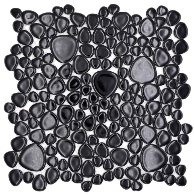 Muestra de mano guijarros mosaico Pebbles cerámica manchas negro plato de ducha azulejo backsplash MOS12-0302_m