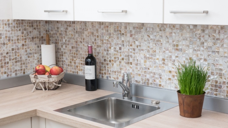 Muestra de mano azulejo mosaico concha beige claro azulejo de pared azulejo de baño MOS150-SM203_m