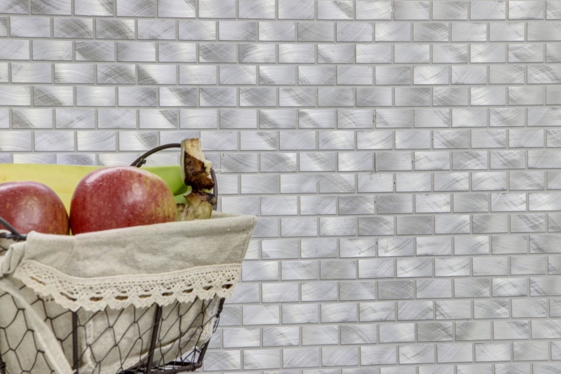 Muestra de mano mosaico azulejo aluminio plata Ladrillo aluminio alu Azulejo backsplash cocina MOS48-0204_m