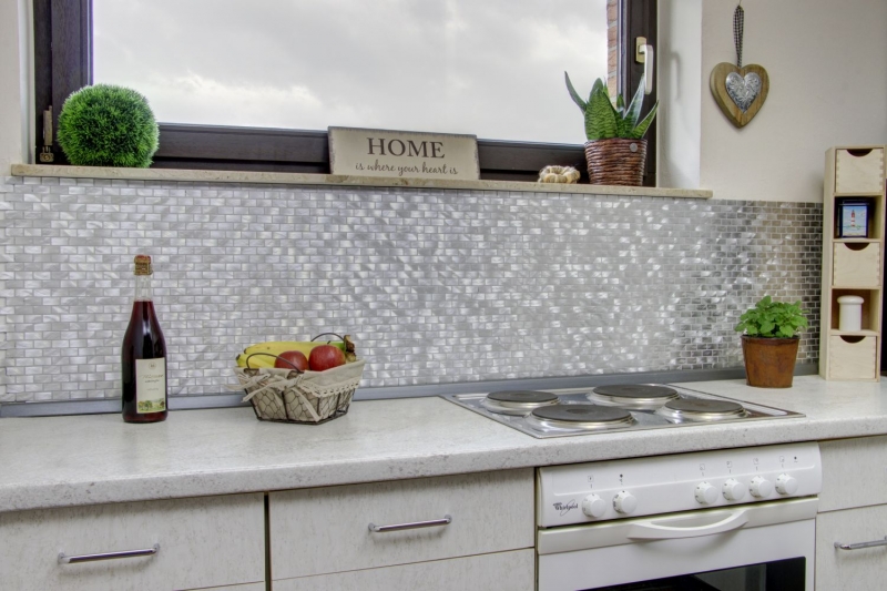 Muestra de mano mosaico azulejo aluminio plata Ladrillo aluminio alu Azulejo backsplash cocina MOS48-0204_m
