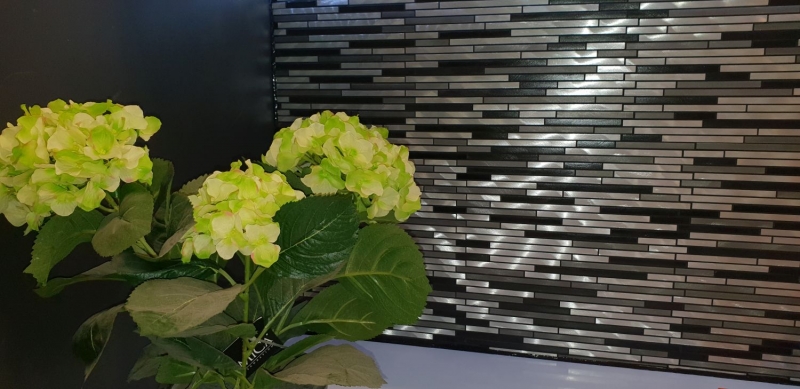 Muestra de mano mosaico azulejo aluminio compuesto aluminio alu gris negro azulejo backsplash cocina MOS49-0308_m