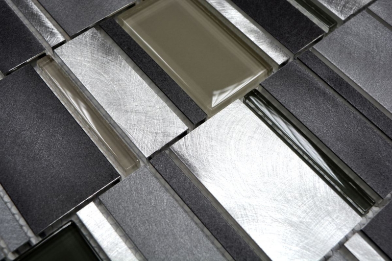 Muestra de mano mosaico azulejo aluminio translúcido combinación aluminio vidrio mosaico cristal claro gris MOS49-0204_m