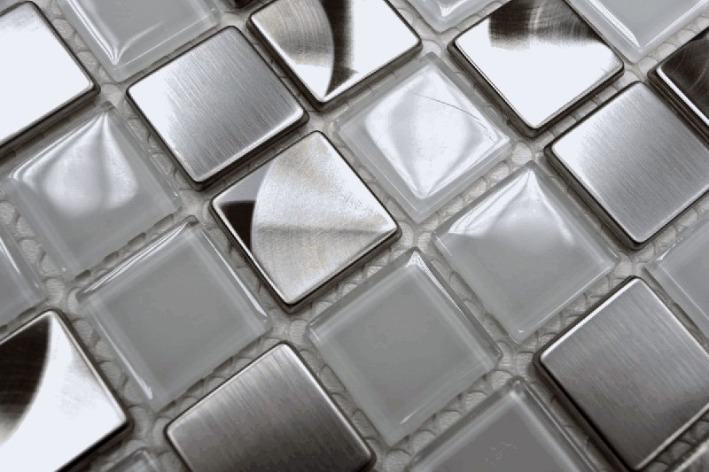 Muestra de mano mosaico azulejo translúcido acero inoxidable vidrio mosaico cristal acero blanco claro MOS129-0104_m