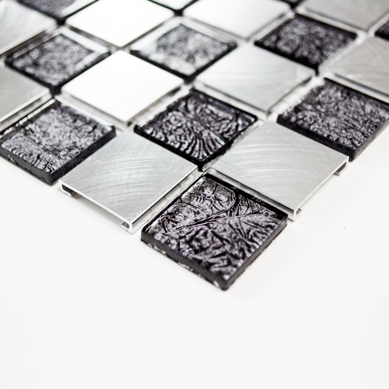 Muestra de mano mosaico azulejo aluminio translúcido cristal mosaico cristal aluminio damero negro plata MOS49-0302_m