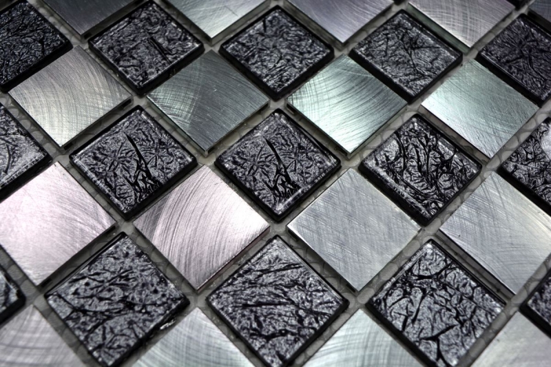 Muestra de mano mosaico azulejo aluminio translúcido cristal mosaico cristal aluminio damero negro plata MOS49-0302_m