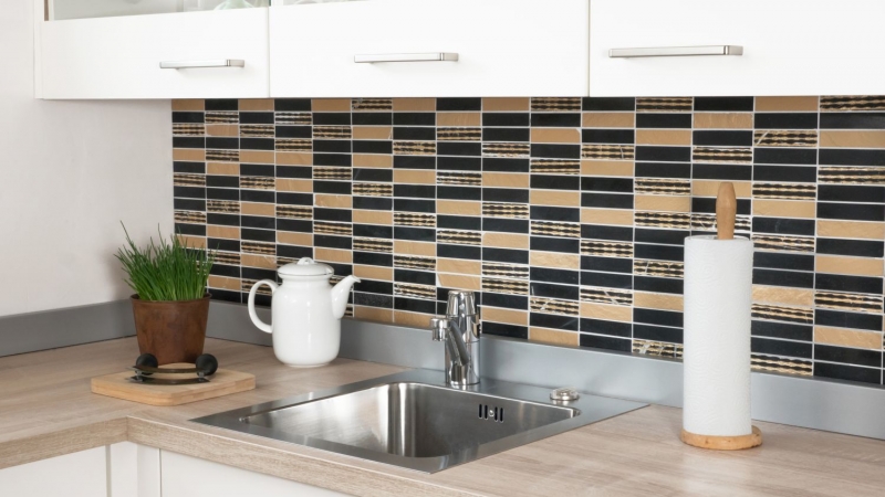 Muestra de mano mosaico azulejo mármol piedra natural rectángulo piedra talla oro negro MOS40-STN79_m
