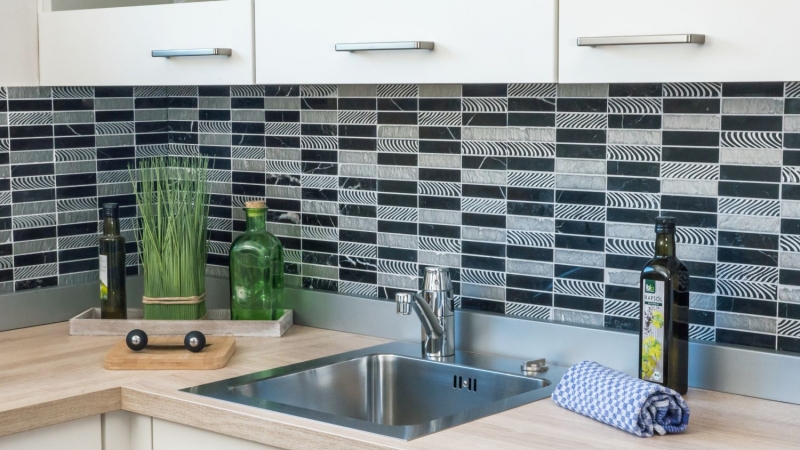Muestra de mano mosaico azulejo mármol piedra natural rectángulo piedra talla plata negro MOS40-STN89_m