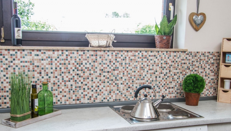 Muestra de mano mosaico azulejo mármol piedra natural crema beige rojo verde aleatorio MOS38-1204_m