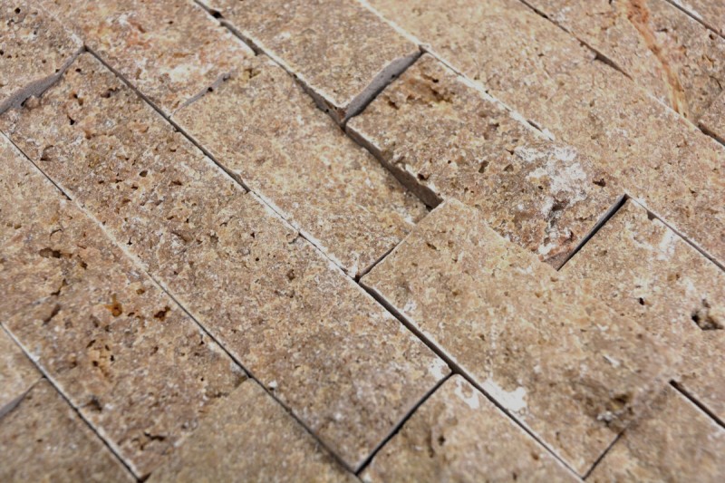Muestra de mano mosaico pared de piedra Travertino piedra natural nogal Ladrillo Splitface Noce Travertino 3D MOS43-44248_m
