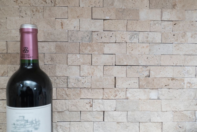 Muestra de mano mosaico pared de piedra Travertino piedra natural beige Ladrillo Splitface Chiaro Travertino 3D MOS43-46248_m